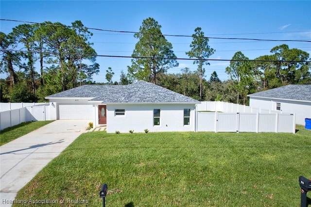 view of front of property with a front yard and a garage