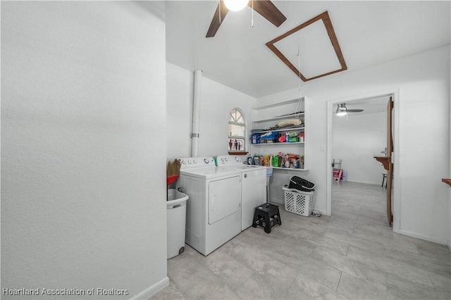 clothes washing area with ceiling fan and washing machine and dryer