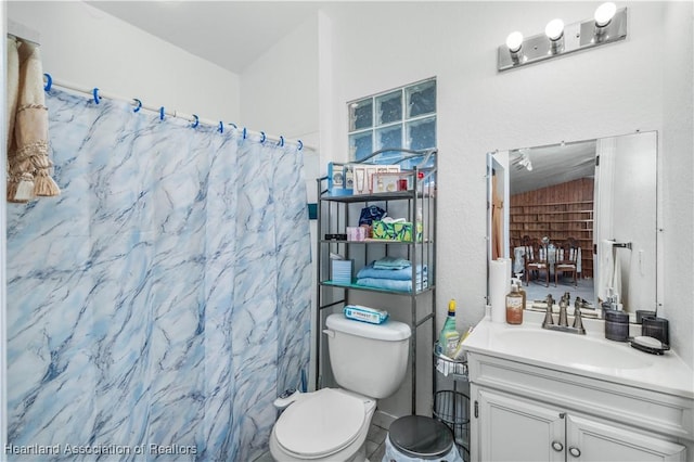 bathroom featuring vanity, vaulted ceiling, a shower with shower curtain, and toilet