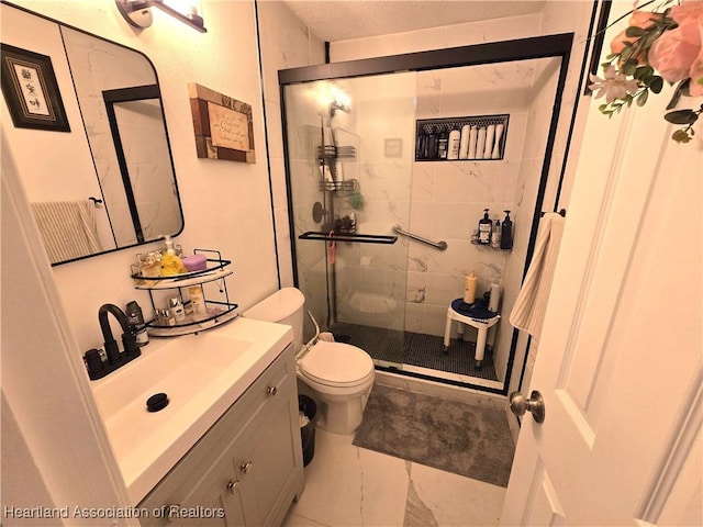 bathroom with walk in shower, vanity, toilet, and tile patterned flooring