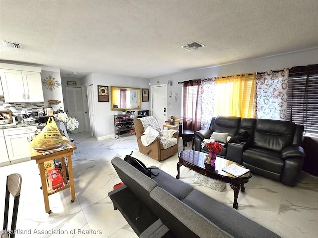 living room with a textured ceiling