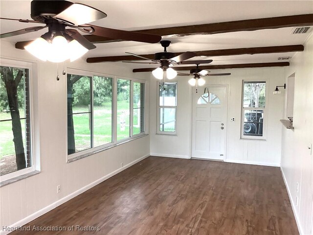 136 Hallmark Ave, Lake Placid, FL 33852 - foyer entrance featuring ceiling fan, dark wood finished floors, plenty of natural light, baseboards, and beam ceiling