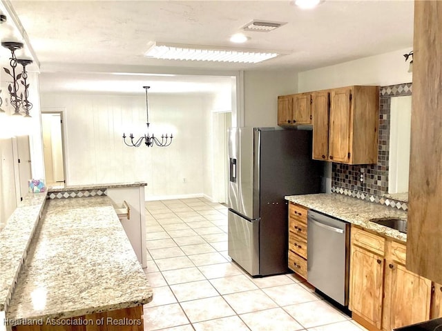 136 Hallmark Ave, Lake Placid, FL 33852 - kitchen featuring appliances with stainless steel finishes, backsplash, light tile patterned floors, a sink, and a peninsula