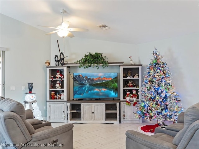 living room featuring ceiling fan