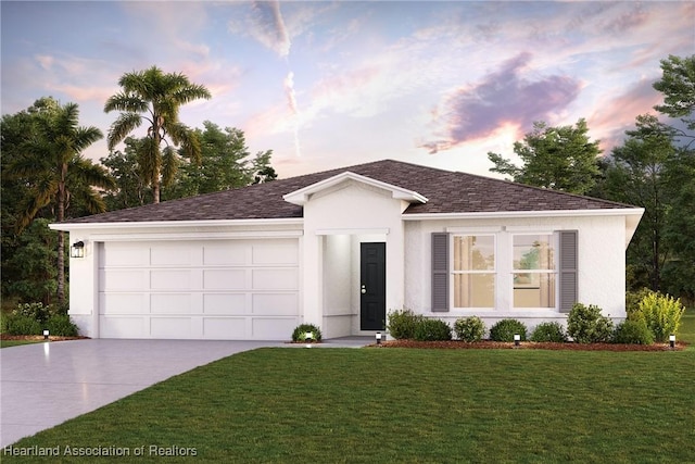 single story home featuring a garage, driveway, a shingled roof, stucco siding, and a front yard