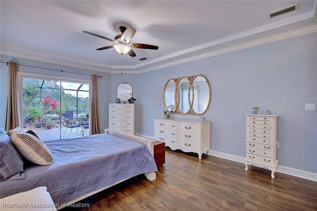 bedroom with visible vents, baseboards, access to outside, dark wood-style floors, and crown molding