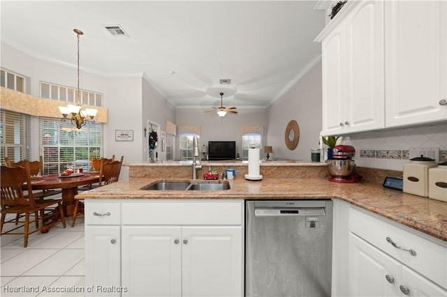 kitchen with white cabinets, ceiling fan with notable chandelier, sink, dishwasher, and hanging light fixtures