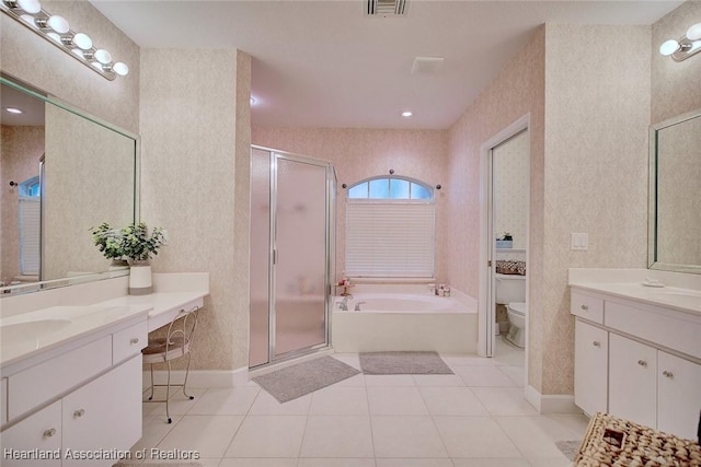 full bath featuring a garden tub, toilet, tile patterned floors, a stall shower, and wallpapered walls