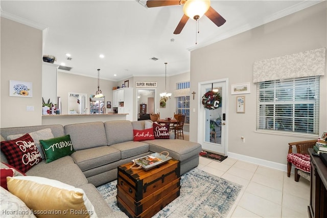 tiled living room featuring ceiling fan with notable chandelier and crown molding