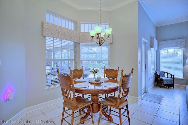 dining area featuring light tile patterned floors, ornamental molding, a wealth of natural light, and a notable chandelier