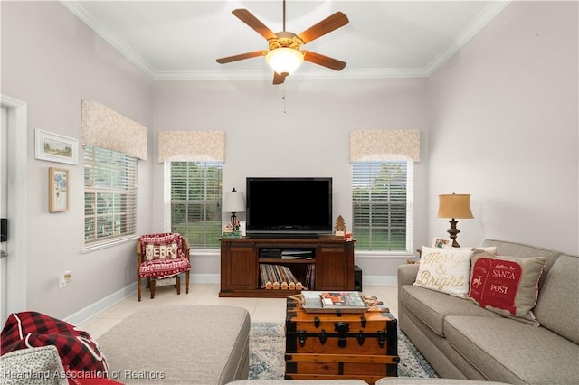 tiled living room featuring ceiling fan and ornamental molding