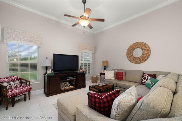 tiled living room featuring ceiling fan and crown molding