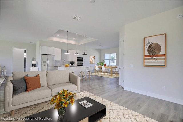 living room featuring a raised ceiling and light hardwood / wood-style flooring