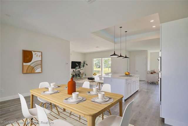 dining area with a tray ceiling and light hardwood / wood-style flooring