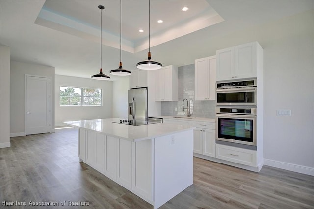 kitchen with white cabinetry, sink, stainless steel appliances, a tray ceiling, and a kitchen island