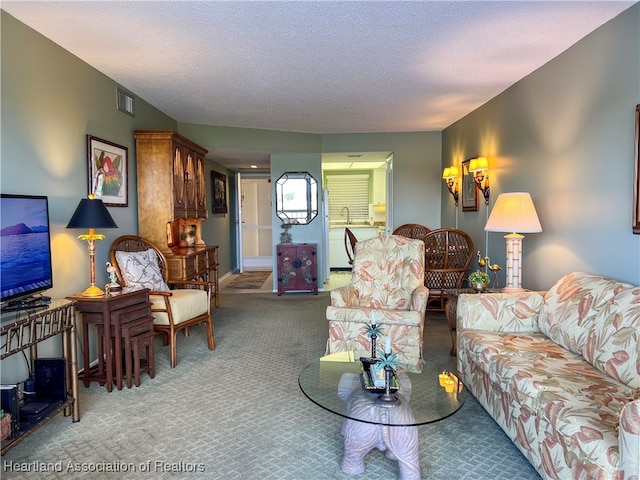 carpeted living room featuring a textured ceiling