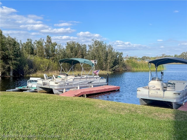 view of dock featuring a water view and a lawn