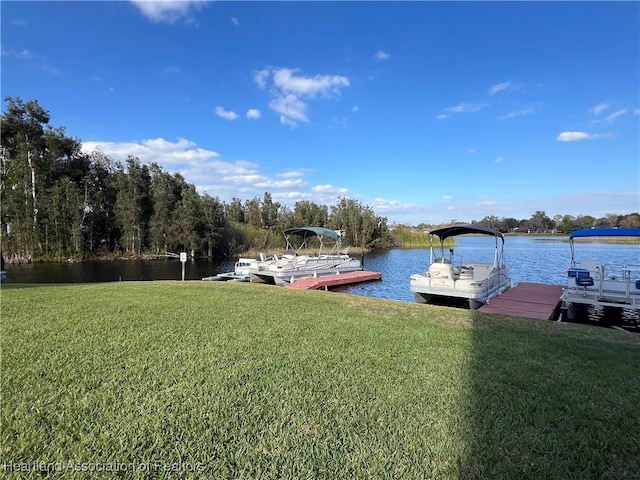 dock area with a water view and a yard