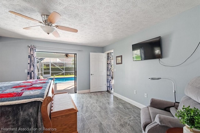 bedroom with ceiling fan and access to exterior