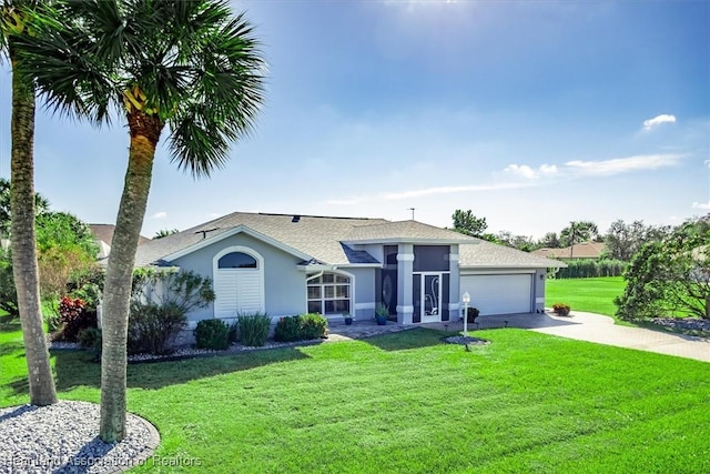 single story home with a garage and a front yard