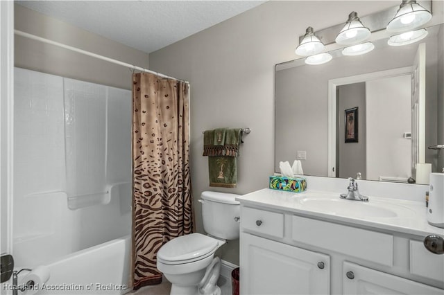 full bathroom featuring a textured ceiling, vanity, shower / tub combo, and toilet