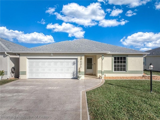 single story home with a front yard and a garage