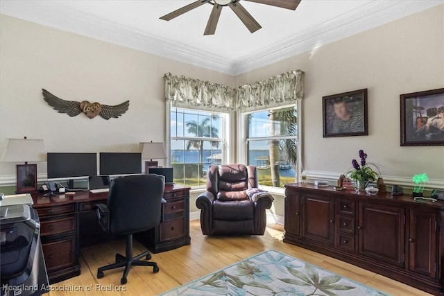 office space with crown molding, ceiling fan, and light hardwood / wood-style floors