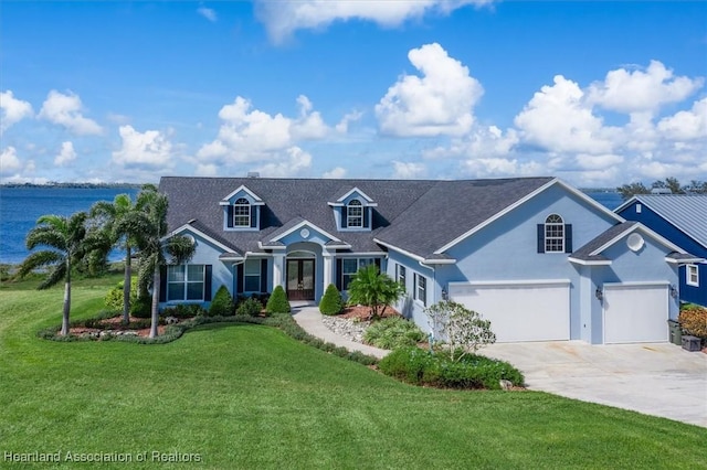 view of front of house with a water view and a front lawn