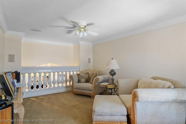 interior space with ceiling fan and ornamental molding