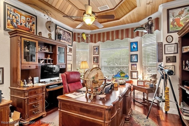 office with hardwood / wood-style floors, ceiling fan, crown molding, and wood ceiling