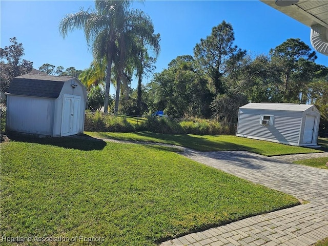 view of yard with a storage shed