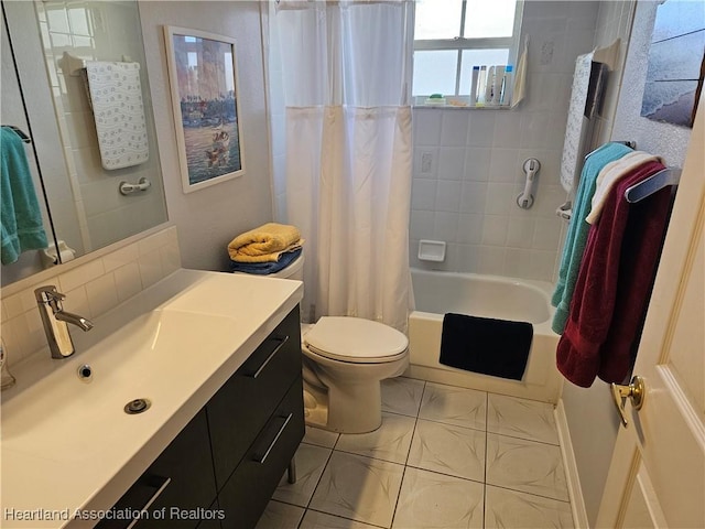 full bathroom featuring toilet, shower / tub combo, tile patterned flooring, and vanity