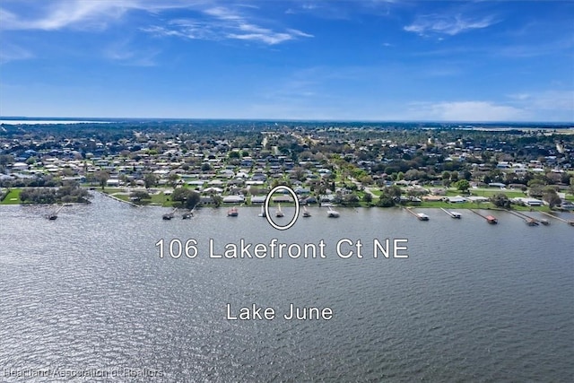 drone / aerial view featuring a water view