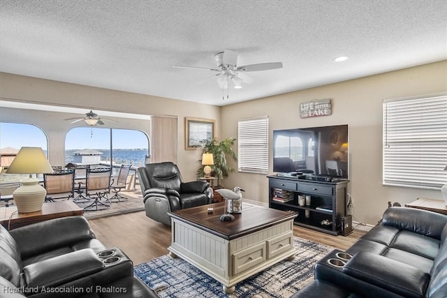 living room featuring hardwood / wood-style floors and a textured ceiling