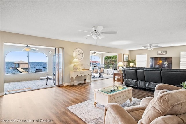 living room with a textured ceiling, hardwood / wood-style floors, and a water view