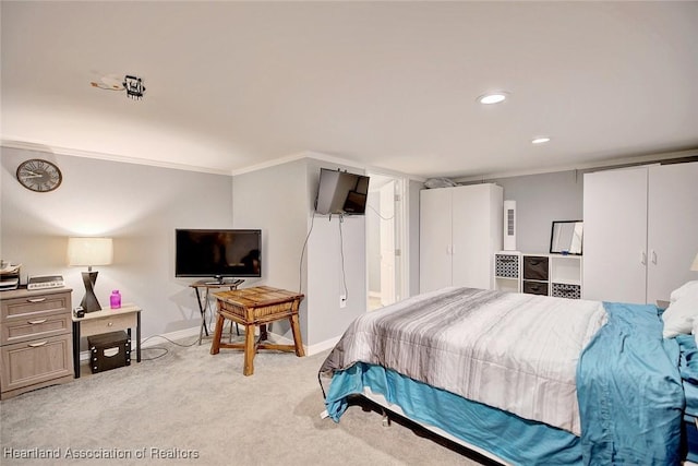 bedroom with light colored carpet and ornamental molding