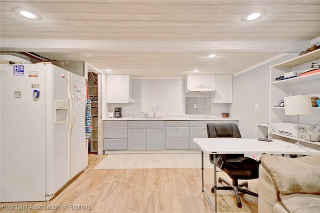 kitchen featuring white refrigerator with ice dispenser, wooden ceiling, sink, decorative backsplash, and light hardwood / wood-style floors