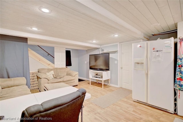 living room with wood-type flooring and wooden ceiling