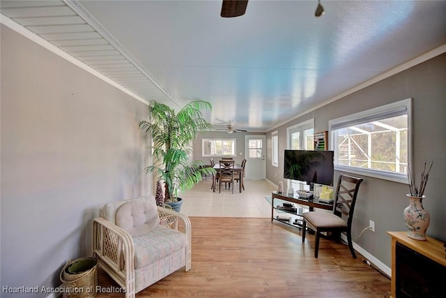 interior space featuring crown molding, light hardwood / wood-style flooring, and ceiling fan