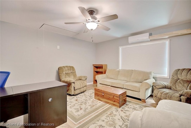 living room featuring ceiling fan and a wall mounted AC