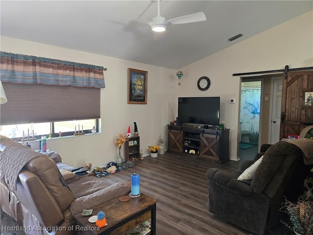 55 Lake Side Trl, Lake Placid, FL 33852 - living room with a ceiling fan, vaulted ceiling, wood finished floors, and a barn door