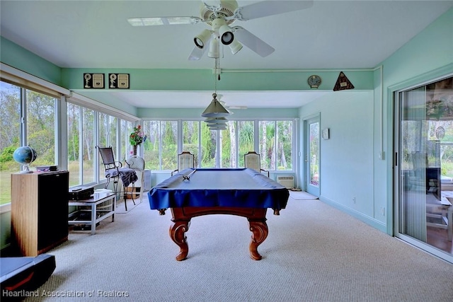 playroom with ceiling fan, billiards, light carpet, and a healthy amount of sunlight