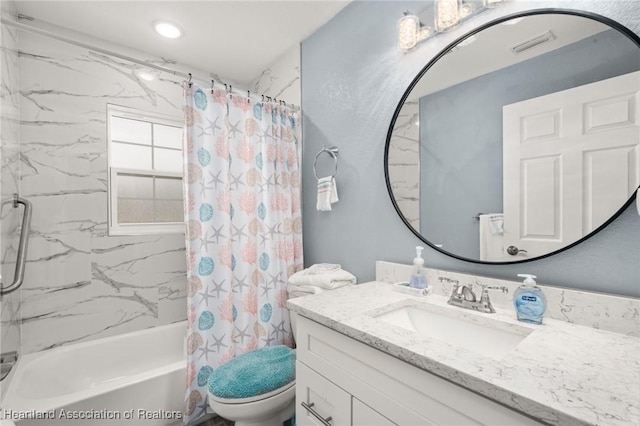 full bathroom with visible vents, toilet, vanity, and shower / bathtub combination with curtain