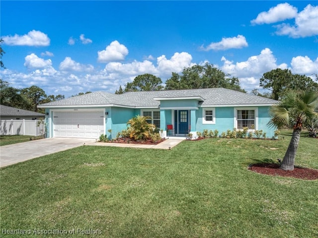 ranch-style home with stucco siding, an attached garage, concrete driveway, and a front lawn