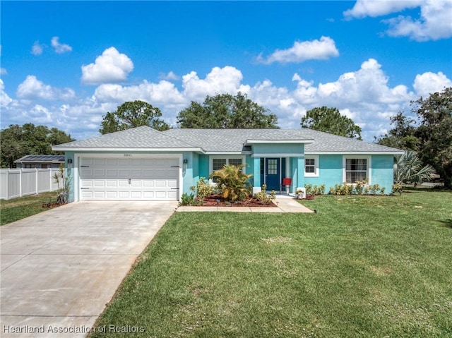 single story home with concrete driveway, fence, an attached garage, a front yard, and stucco siding