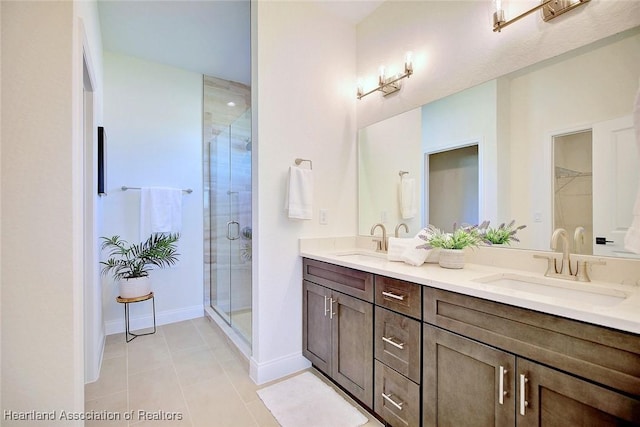 bathroom with vanity, tile patterned flooring, and walk in shower