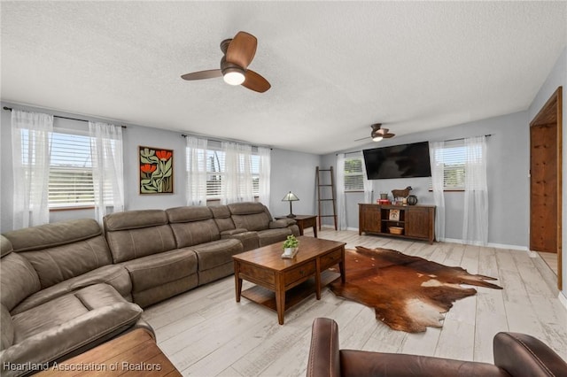 living room featuring a textured ceiling, a ceiling fan, light wood-style flooring, and baseboards