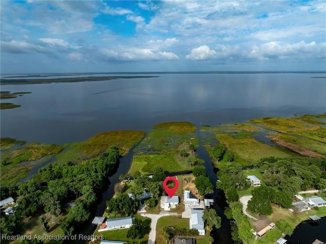 bird's eye view with a water view