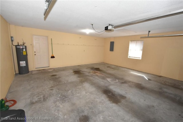 garage featuring a garage door opener, electric water heater, and electric panel