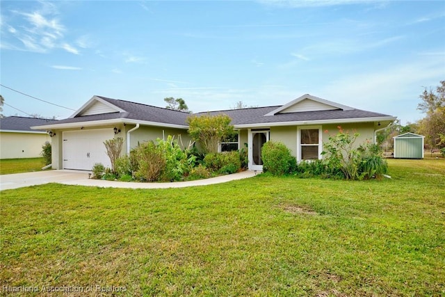 ranch-style home featuring a garage and a front lawn